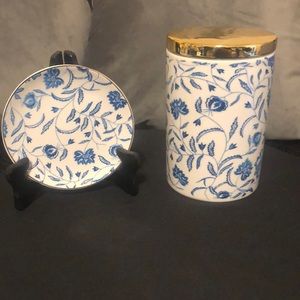 Blue floral canister with lid and saucer.